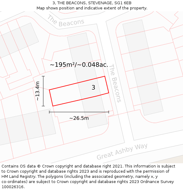 3, THE BEACONS, STEVENAGE, SG1 6EB: Plot and title map