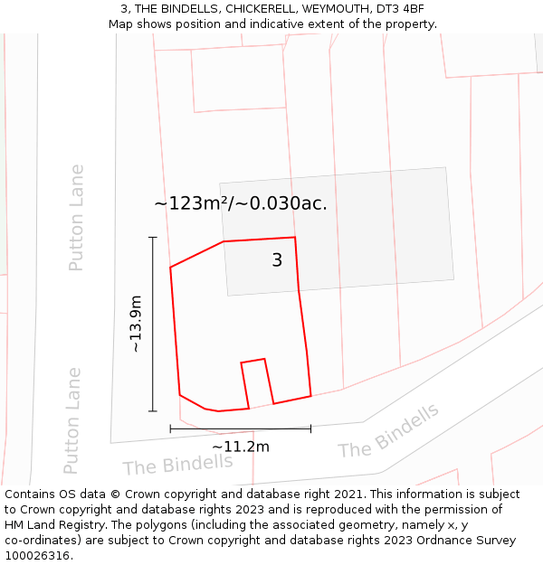3, THE BINDELLS, CHICKERELL, WEYMOUTH, DT3 4BF: Plot and title map