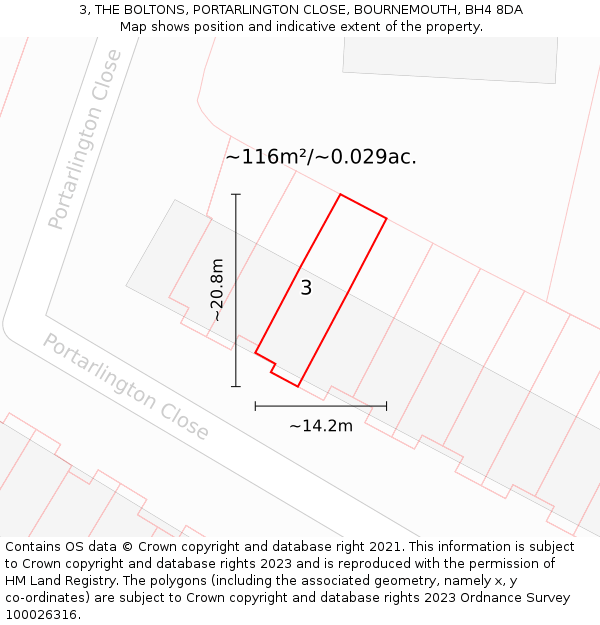 3, THE BOLTONS, PORTARLINGTON CLOSE, BOURNEMOUTH, BH4 8DA: Plot and title map