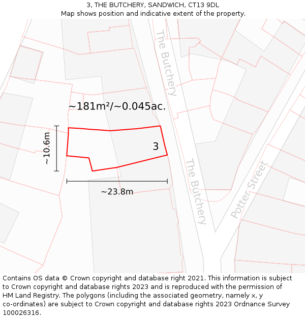 3, THE BUTCHERY, SANDWICH, CT13 9DL: Plot and title map