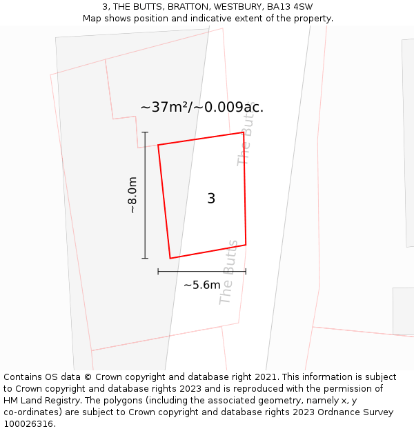 3, THE BUTTS, BRATTON, WESTBURY, BA13 4SW: Plot and title map