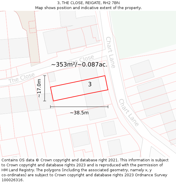 3, THE CLOSE, REIGATE, RH2 7BN: Plot and title map