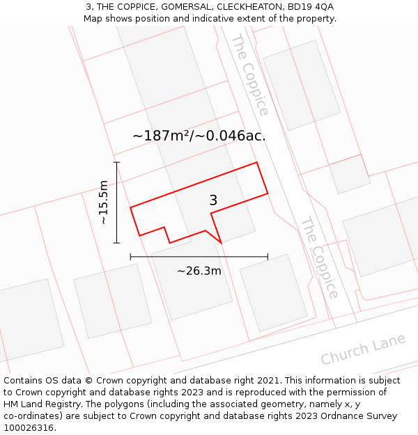 3, THE COPPICE, GOMERSAL, CLECKHEATON, BD19 4QA: Plot and title map