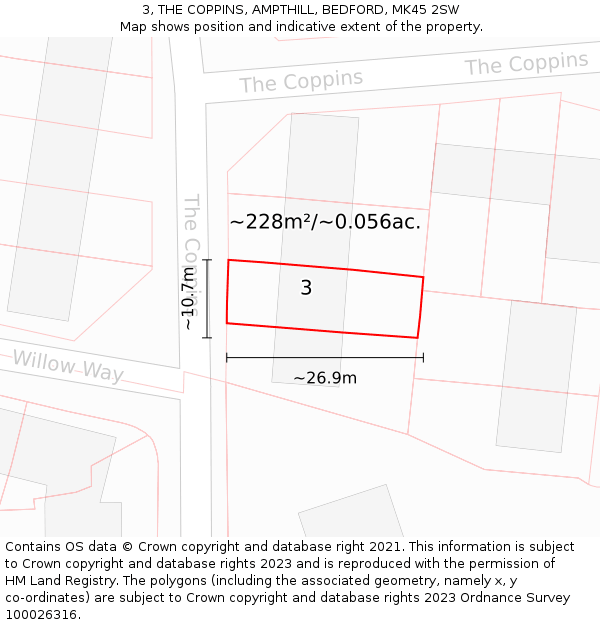 3, THE COPPINS, AMPTHILL, BEDFORD, MK45 2SW: Plot and title map
