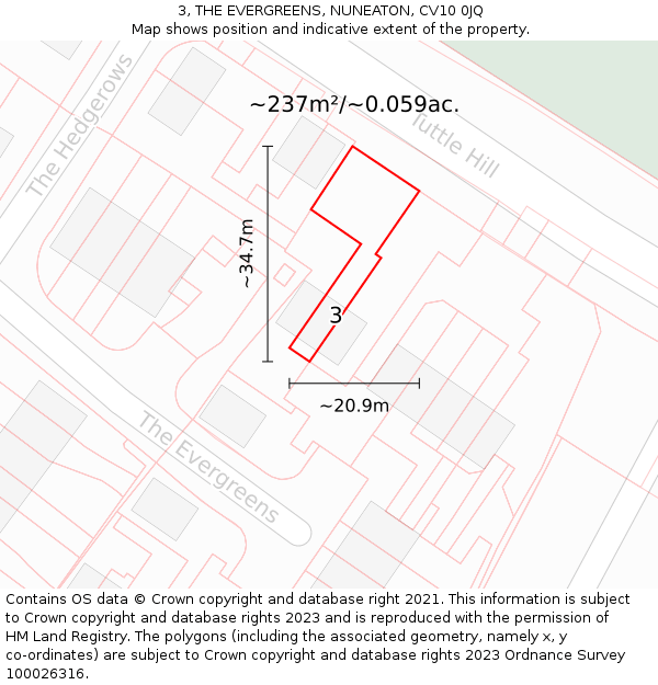 3, THE EVERGREENS, NUNEATON, CV10 0JQ: Plot and title map