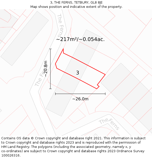3, THE FERNS, TETBURY, GL8 8JE: Plot and title map