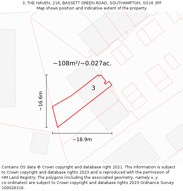 3, THE HAVEN, 216, BASSETT GREEN ROAD, SOUTHAMPTON, SO16 3PF: Plot and title map