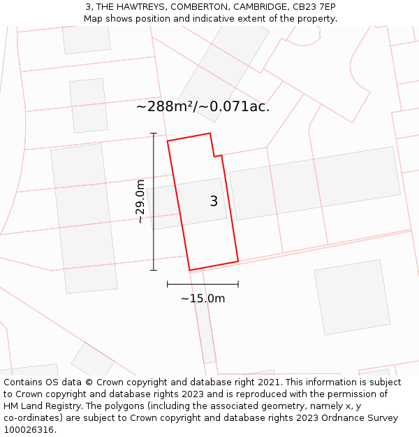 3, THE HAWTREYS, COMBERTON, CAMBRIDGE, CB23 7EP: Plot and title map