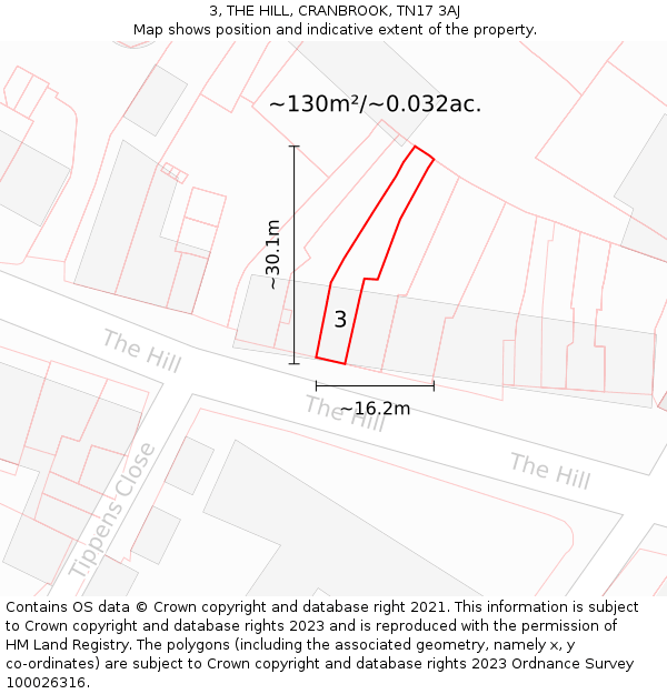 3, THE HILL, CRANBROOK, TN17 3AJ: Plot and title map