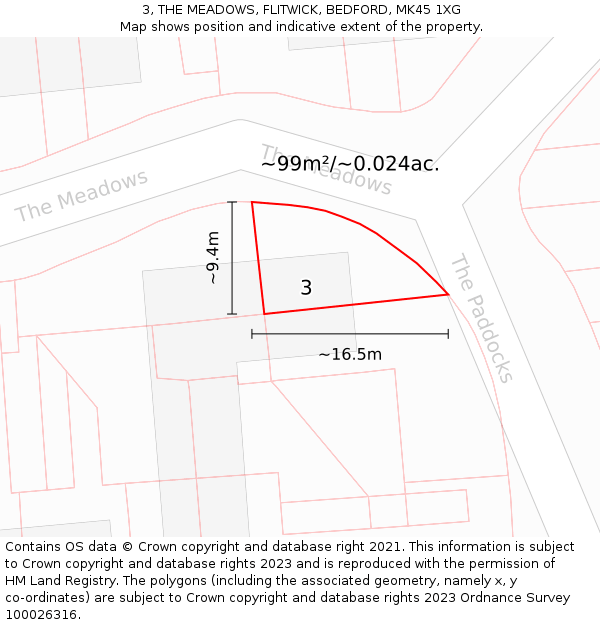 3, THE MEADOWS, FLITWICK, BEDFORD, MK45 1XG: Plot and title map