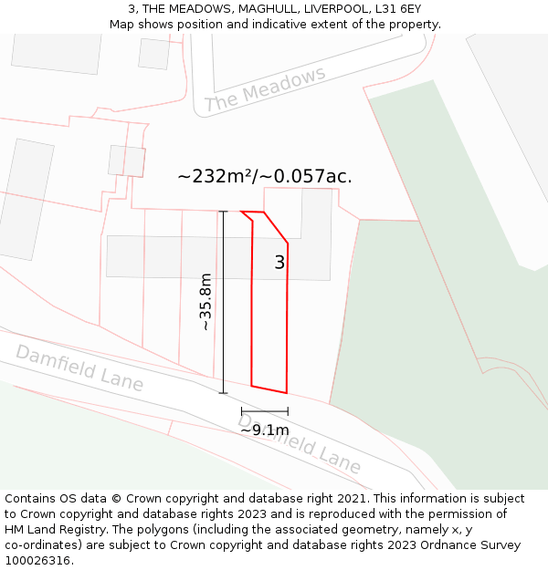 3, THE MEADOWS, MAGHULL, LIVERPOOL, L31 6EY: Plot and title map