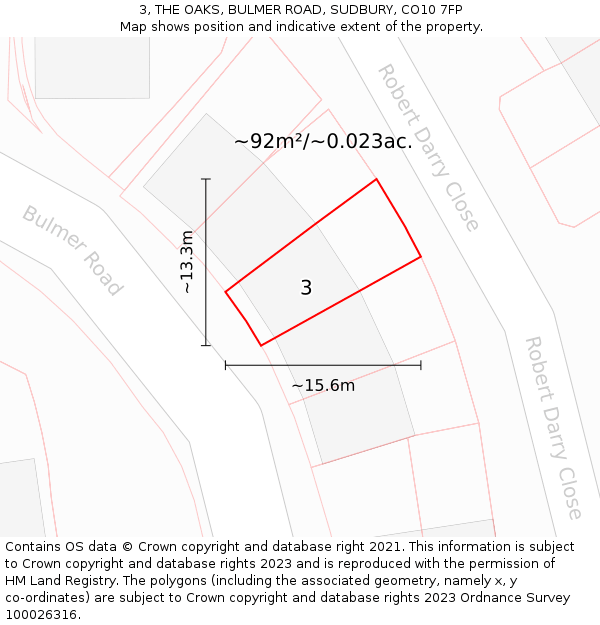 3, THE OAKS, BULMER ROAD, SUDBURY, CO10 7FP: Plot and title map