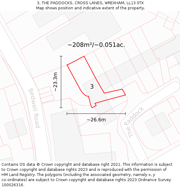 3, THE PADDOCKS, CROSS LANES, WREXHAM, LL13 0TX: Plot and title map