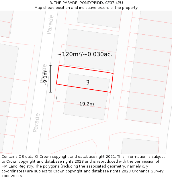 3, THE PARADE, PONTYPRIDD, CF37 4PU: Plot and title map