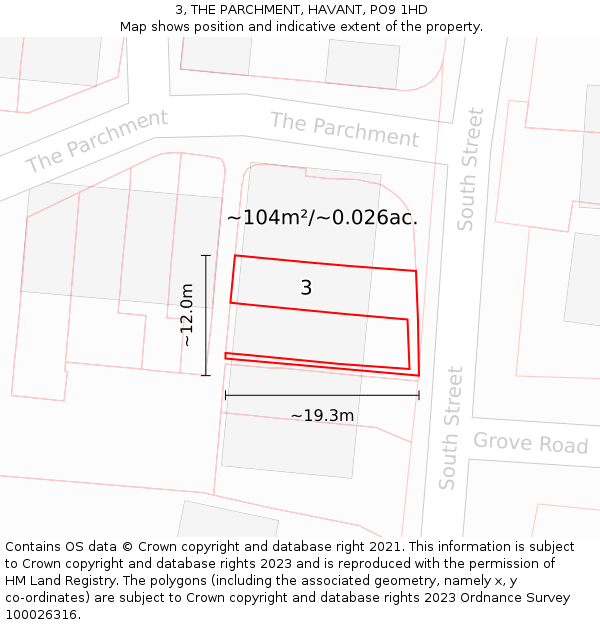 3, THE PARCHMENT, HAVANT, PO9 1HD: Plot and title map