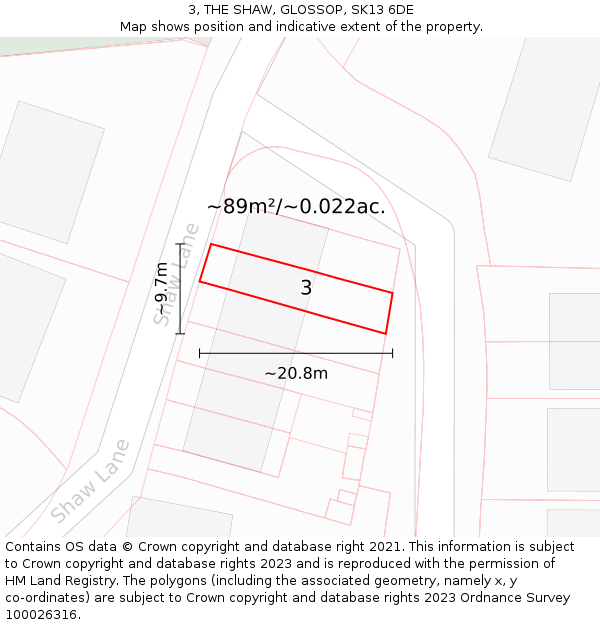 3, THE SHAW, GLOSSOP, SK13 6DE: Plot and title map