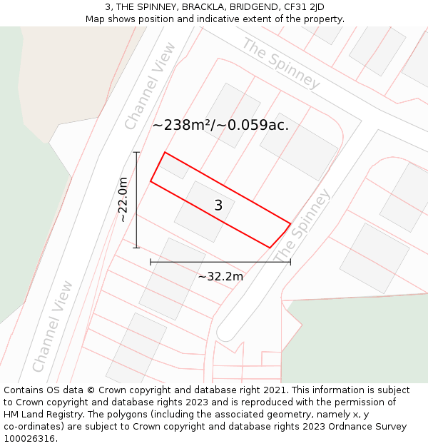 3, THE SPINNEY, BRACKLA, BRIDGEND, CF31 2JD: Plot and title map