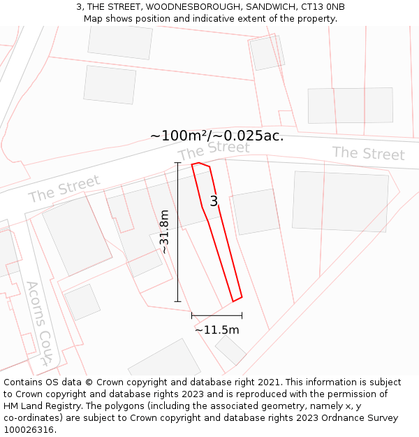 3, THE STREET, WOODNESBOROUGH, SANDWICH, CT13 0NB: Plot and title map