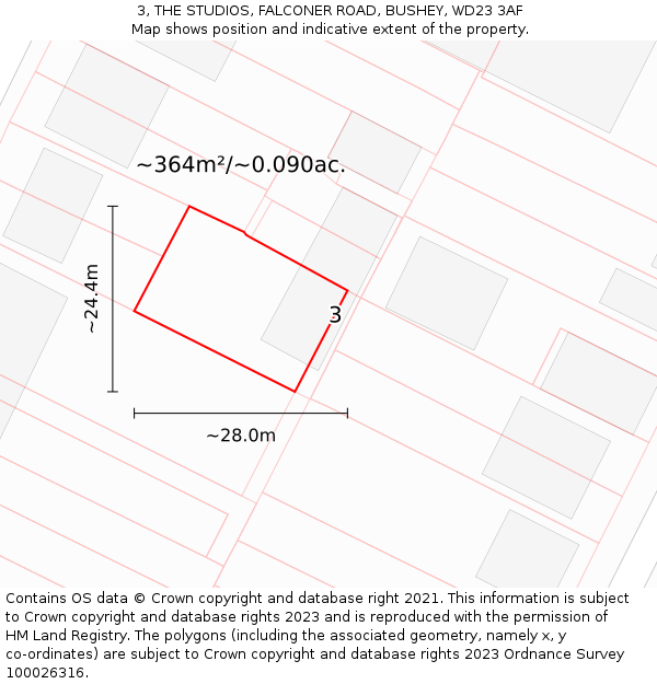 3, THE STUDIOS, FALCONER ROAD, BUSHEY, WD23 3AF: Plot and title map