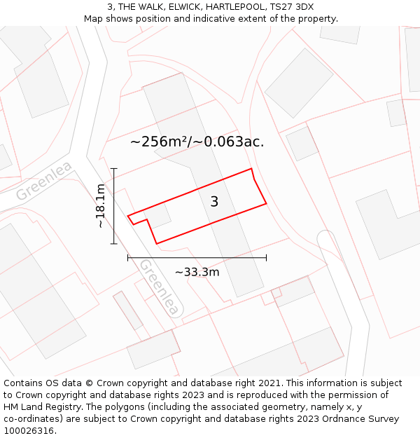 3, THE WALK, ELWICK, HARTLEPOOL, TS27 3DX: Plot and title map