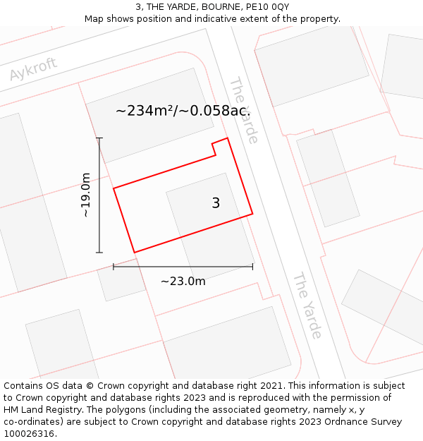 3, THE YARDE, BOURNE, PE10 0QY: Plot and title map