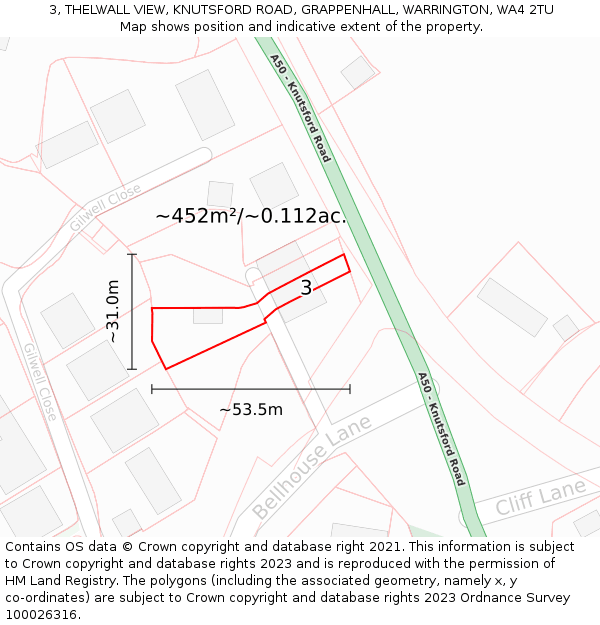 3, THELWALL VIEW, KNUTSFORD ROAD, GRAPPENHALL, WARRINGTON, WA4 2TU: Plot and title map