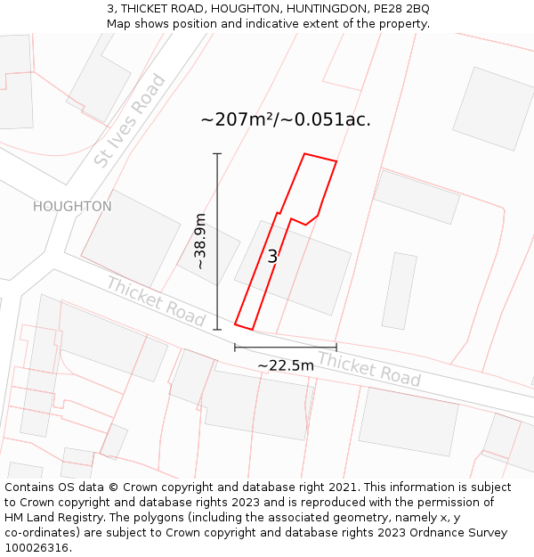 3, THICKET ROAD, HOUGHTON, HUNTINGDON, PE28 2BQ: Plot and title map