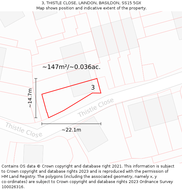 3, THISTLE CLOSE, LAINDON, BASILDON, SS15 5GX: Plot and title map