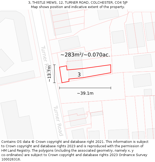 3, THISTLE MEWS, 12, TURNER ROAD, COLCHESTER, CO4 5JP: Plot and title map