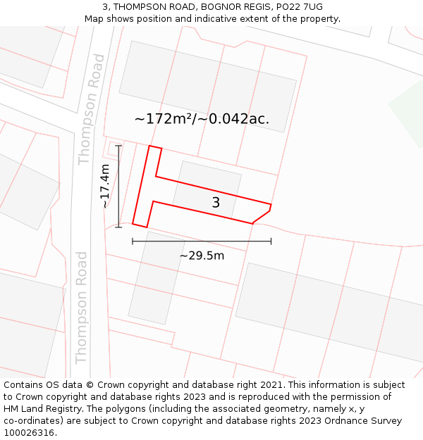 3, THOMPSON ROAD, BOGNOR REGIS, PO22 7UG: Plot and title map