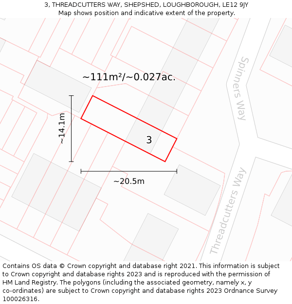 3, THREADCUTTERS WAY, SHEPSHED, LOUGHBOROUGH, LE12 9JY: Plot and title map
