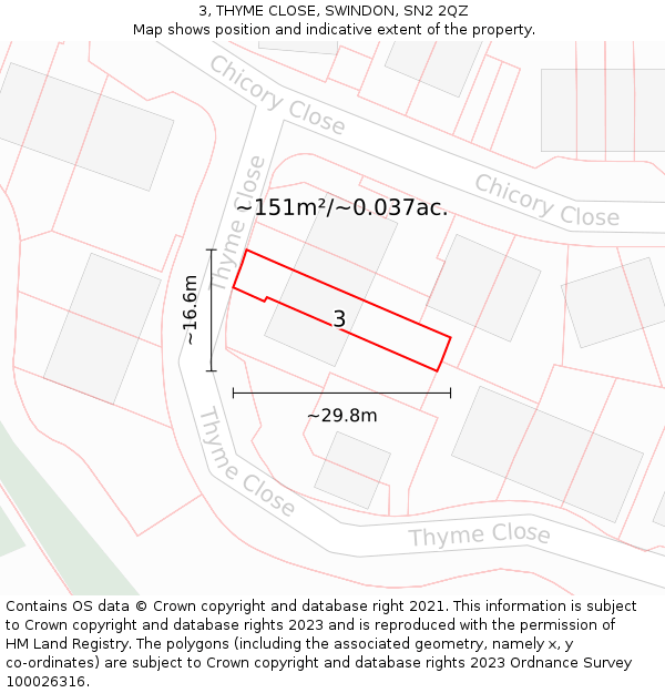 3, THYME CLOSE, SWINDON, SN2 2QZ: Plot and title map