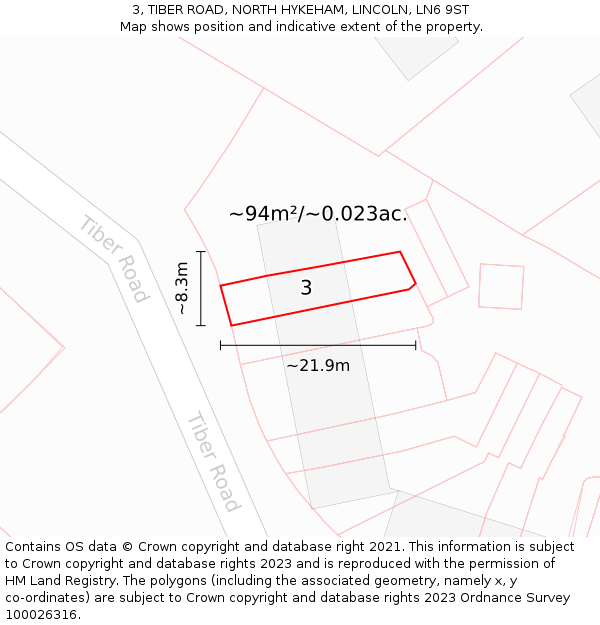 3, TIBER ROAD, NORTH HYKEHAM, LINCOLN, LN6 9ST: Plot and title map