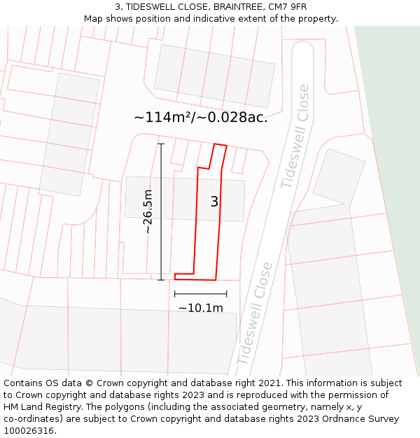 3, TIDESWELL CLOSE, BRAINTREE, CM7 9FR: Plot and title map