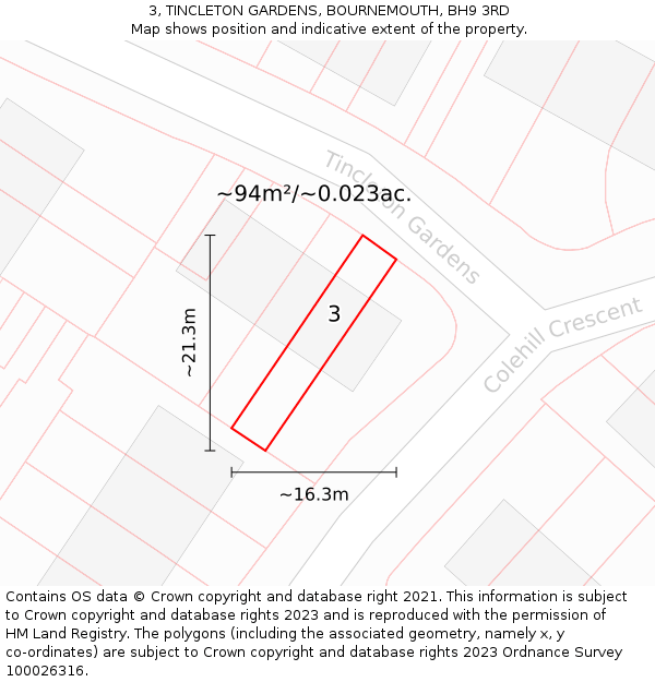 3, TINCLETON GARDENS, BOURNEMOUTH, BH9 3RD: Plot and title map