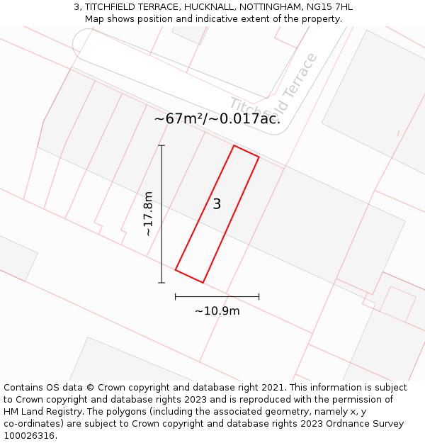 3, TITCHFIELD TERRACE, HUCKNALL, NOTTINGHAM, NG15 7HL: Plot and title map
