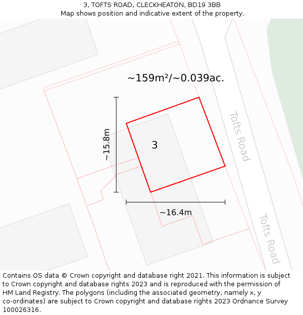 3, TOFTS ROAD, CLECKHEATON, BD19 3BB: Plot and title map