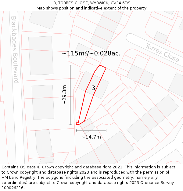 3, TORRES CLOSE, WARWICK, CV34 6DS: Plot and title map