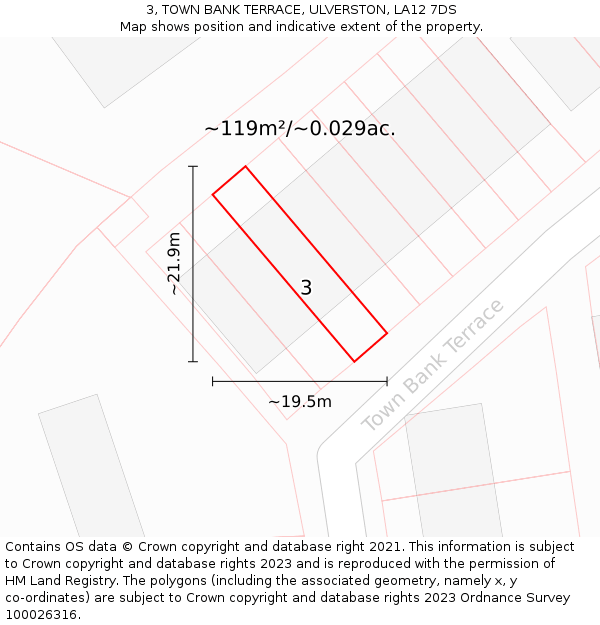 3, TOWN BANK TERRACE, ULVERSTON, LA12 7DS: Plot and title map