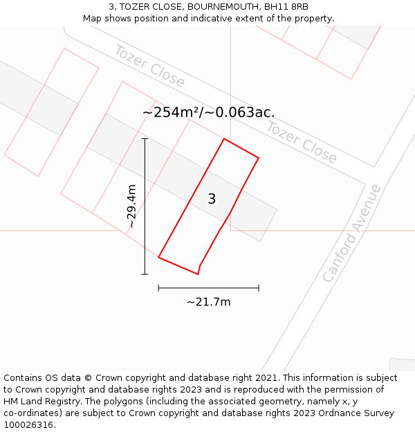 3, TOZER CLOSE, BOURNEMOUTH, BH11 8RB: Plot and title map