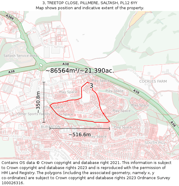 3, TREETOP CLOSE, PILLMERE, SALTASH, PL12 6YY: Plot and title map