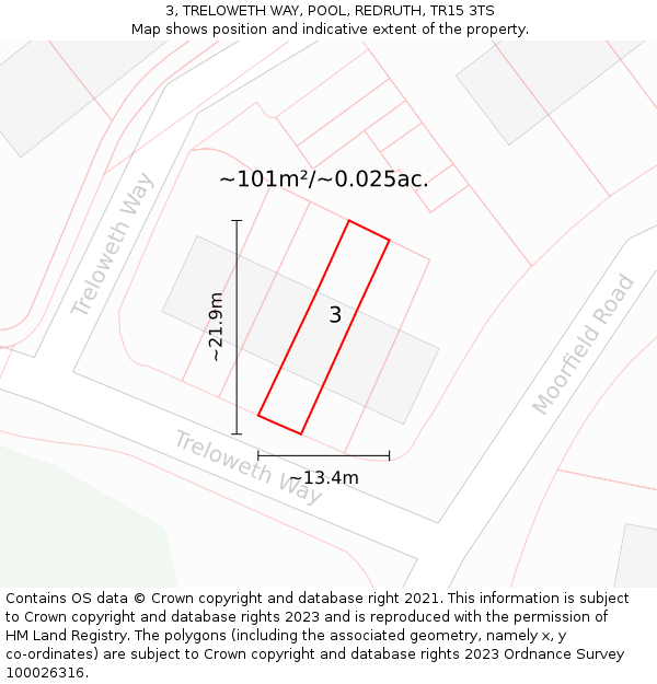 3, TRELOWETH WAY, POOL, REDRUTH, TR15 3TS: Plot and title map