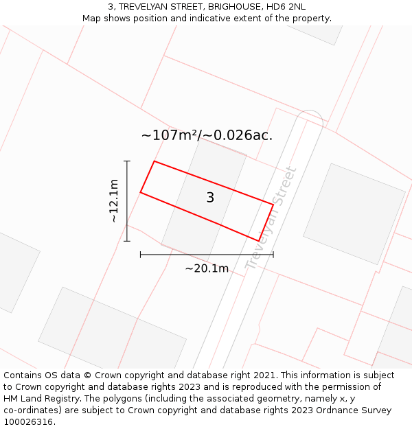 3, TREVELYAN STREET, BRIGHOUSE, HD6 2NL: Plot and title map
