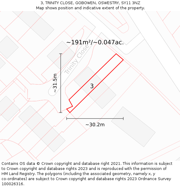 3, TRINITY CLOSE, GOBOWEN, OSWESTRY, SY11 3NZ: Plot and title map