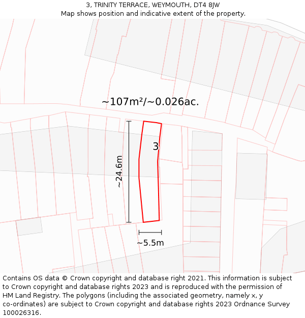 3, TRINITY TERRACE, WEYMOUTH, DT4 8JW: Plot and title map