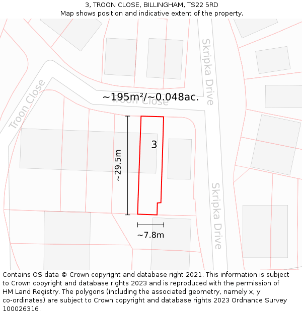 3, TROON CLOSE, BILLINGHAM, TS22 5RD: Plot and title map