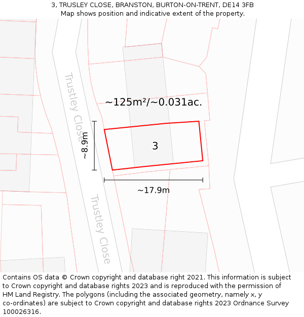 3, TRUSLEY CLOSE, BRANSTON, BURTON-ON-TRENT, DE14 3FB: Plot and title map