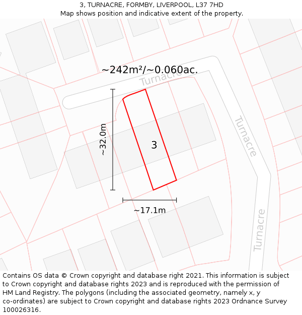 3, TURNACRE, FORMBY, LIVERPOOL, L37 7HD: Plot and title map