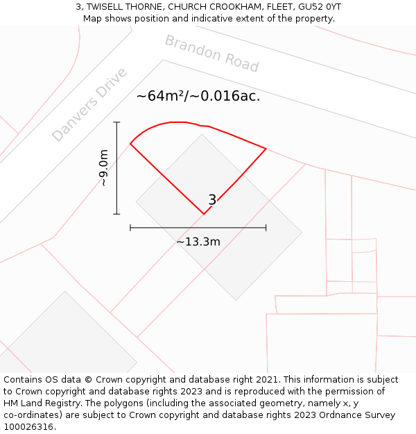 3, TWISELL THORNE, CHURCH CROOKHAM, FLEET, GU52 0YT: Plot and title map