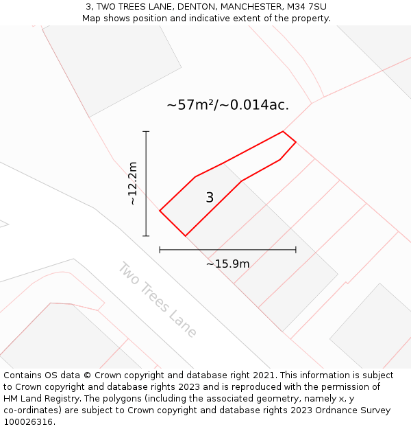 3, TWO TREES LANE, DENTON, MANCHESTER, M34 7SU: Plot and title map